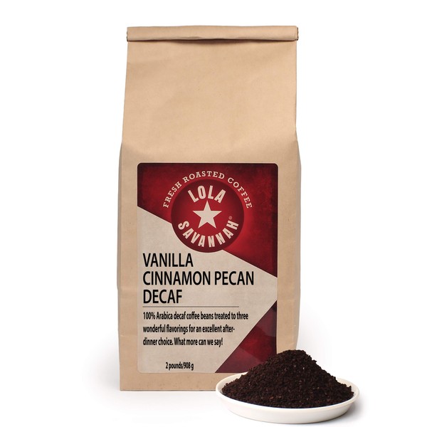 Lola Savannah Vanilla Cinnamon Pecan Ground Coffee - Classic Aromatic and Warm Flavorful Gourmet Coffee Blend, Decaf, 2lb Bag