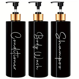 Seifenspender für Bad | Set mit 3 Dosen für Shampoo und Conditioner 500 ml mit Bambusdetails | Dieser Seifenspender in Schwarz und Gold ist elegant und wertet den Stil Ihres Hauses auf