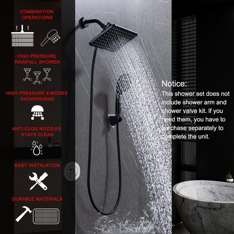 BSTKEECL Rain Shower Head with Handheld-12" High Pressure Square Rainfall
