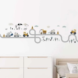 Cartoon Cars Wall Stickers Wall Decals Nursery Baby Children, Truck Tractor Bulldozer Roud Line Excavator Kids Room Decor Wall Decoration Mural