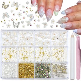 SEMATA Spring Summer Flower Nail Art Charms Clear 3D Butterfly Nail Gems Charms Flatback Nails Pearls Rhinestones Gold Silver Butterfly Nails Art Accessories Decoration Design for Women