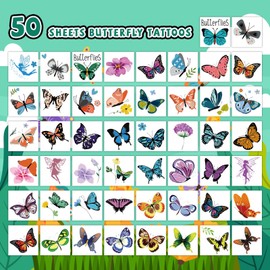EMOME 50 Sheets Butterfly Temporary Tattoos for Girls, Individually Wrapped Tattoos for Butterfly Birthday Party Supplies Favors Decorations, Tattoos Stickers for Kids Goodie Bag Stuffers