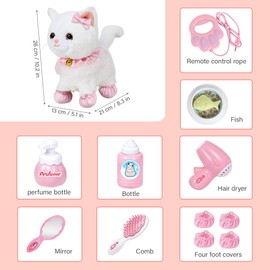 Fivtsme Cat Toy Children, Interactive Plush Toy Cat, Toy Cat for Children, with Remote Controlled Lead & Accessories, Walking, Barking, Interactive Plush Toy Pets, for 2 3 4 5 Years Old