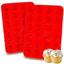 SULUOTE 2 Pack Silicone Mini Muffin Pan, Non-Stick 24 Cups Cupcake Pan, BPA Free and Dishwasher Safe, Perfect for Making Muffin Cakes, Tart, Bread（Red）