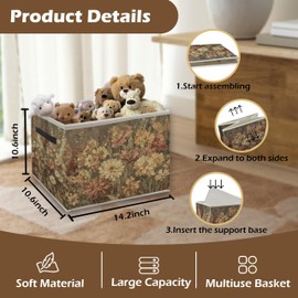 JMICPTUB Vintage Abstract Floral Storage Bin Box with Handles, Rustic Cottagecore Wildflower Botanical Foldable Organizer Basket for Bedroom Bathroom Home Clothes Toys Books