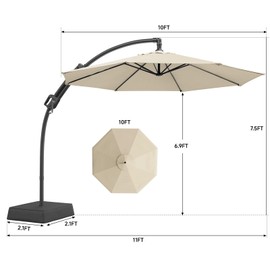 Outdoor Patio Umbrella with Base Includeds, 10 FT Cantilever Umbrella withstands Wind and Weather, Sturdy Sun Shade Hanging Umbrella for Deck, Pool, 240G/M2, UPF50+, Class 4 color fastness, Champagne