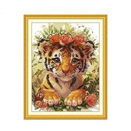 Gofission 14ct Stamped Cross Stitch Kits for Adults Beginners, Tiger with A Garland of Flowers DIY Pre Printed Cross Stitch Embroidery Set with Accessories Wall Decor 37x47cm (Tiger Cub)
