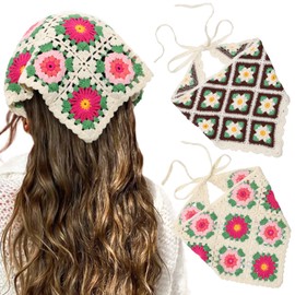 HAIMEIKANG Floral Crochet Hair Bandanas Headscarf 2 PCS Women Hair Scarf Daisy Headband Vintage Head Kerchief for Girls(Coffee+Pink)