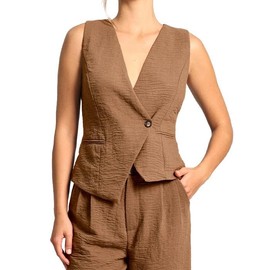Amazhiyu Women's Suit Vest, Linen Vest, Short Sleeveless Vest, V-Neck Linen Women's Vest, Vintage Summer Vest, Button Placket, Regular Fit, brown, M