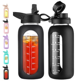 CIVAGO 32 oz Glass Water Bottle with Straw and Handle, Large Sports Motivational Water Bottle Flask with Time Marker and 2 Lids, Leakproof Water Jug Canteen with Silicone Sleeve for Gym,Black | CIVAGO
