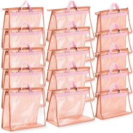 Shappy 15 Pieces Dust Cover Organizer Bags for Handbags, 3 Sizes Clear Handbag Storage Bag Purse Storage with Zipper and Handles Dust Bags for Purses Handbags Closet, 5 Each Size (Pink)