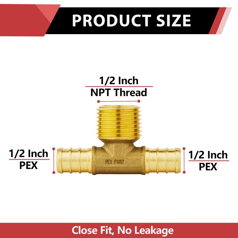 2-Pack EFIELD Pex Crimp 1/2" Pex Tee Brass Fittings, ASTM