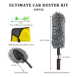 MUQIDA 4 PCS Car Duster Kit, Microfiber Scratch Free Multipurpose Cleaning Duster with Extendable Handle, Washable Interior & Exterior Auto Dusting Tools for Cars Trucks SUVs RVs