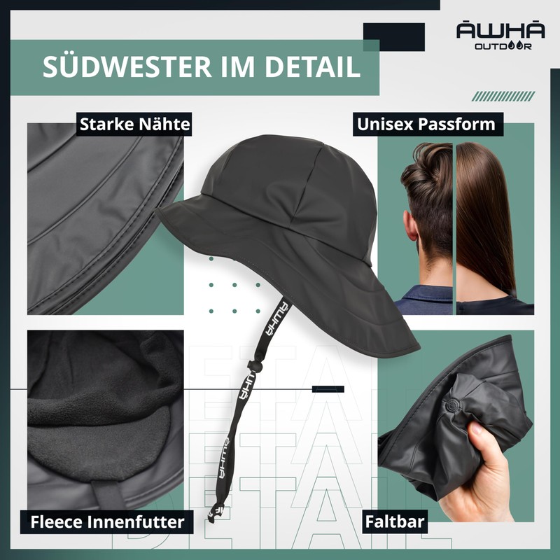 AWHA Sou’wester Rain Hat, Black/Unisex - Waterproof Hat with Wide
