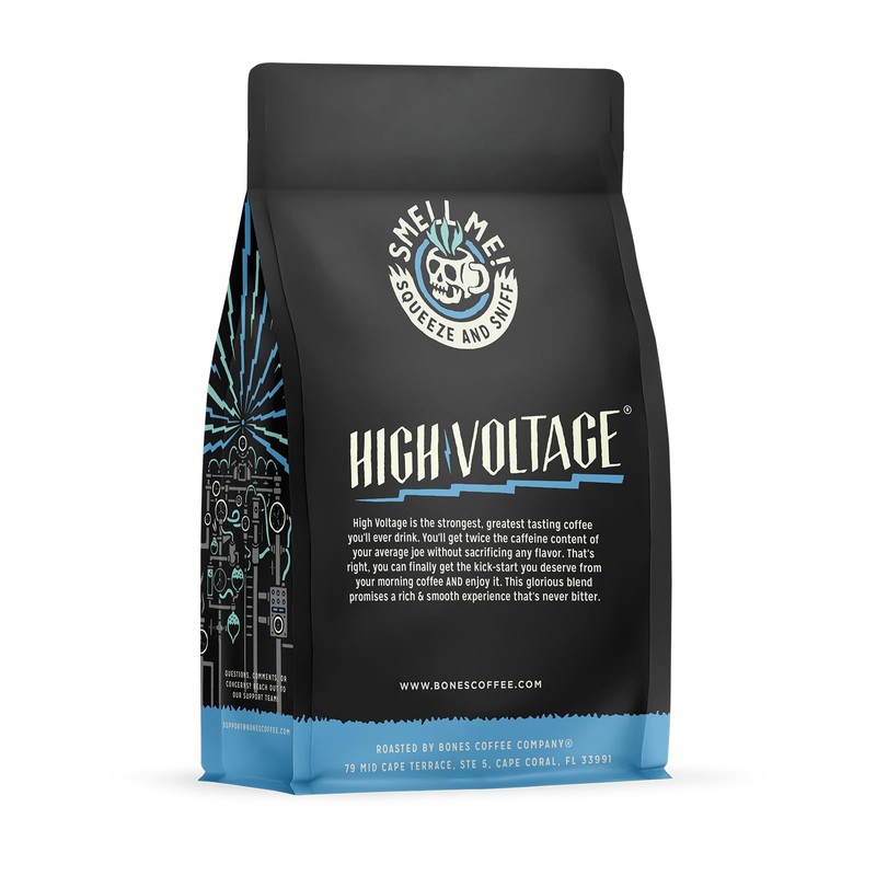 Bones Coffee Company High Voltage, Highly Caffeinated Unflavored Coffee, Medium