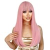 QAUARUMSUN 26 Inch Pink Wig With Bangs Long Wavy Wigs