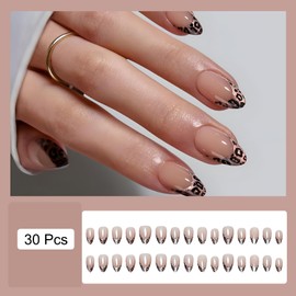 30 Pcs Short Press on Nails Almond Fake Nails with Leopard French Tip Designs Cat Eye False Nails Nude Glossy Gel Finish Acrylic Nails Natural Reusable Stick on Nails Kit for Women