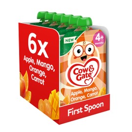 Cow & Gate Fruit Pouch Apple Mango Orange & Carrot Baby Food Snack, 4+ Months, 100g (Pack of 6)