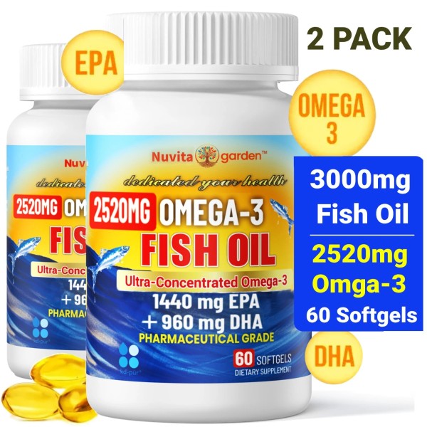 NuvitaGarden (2 Pack) Fish Oil 3000mg, Extra Strength EPA &