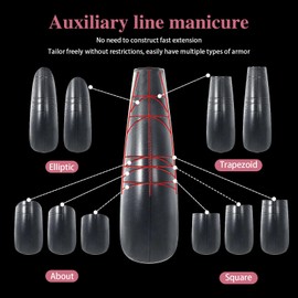 U-Shinein Nail Tips， Coffin Nail Tips，Guiding Line Nail Tips for Acrylic Nail, Glue-on Invisible Auxiliary Line12 Sizes Full Cover Nail Tips with Positioning Line, Extra Long Nail Extension Tips for Beginners