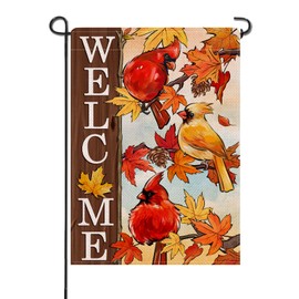 Artofy Welcome Fall Cardinal Small Decorative Garden Flag, Autumn Red Bird Maple Leaves Branch Yard Lawn Outside Decor, Pine Cone Farmhouse Rustic Burlap Outdoor Home Decoration Double Sided 12 x 18