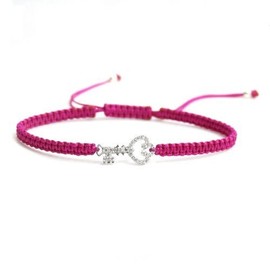 Queenberry Sterling Silver Cubic Zirconia CZ Key W/Love Pink Rose Hand Braided Adjustable Cord Bracelet