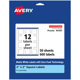Avery Matte White Square Labels with Sure Feed, 2" x 2", 600 Matte White Printable Labels