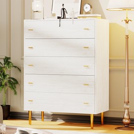 Farmhouse 5 Drawers Dresser for Bedroom, 44" Tall White Dresser Wood Rustic Chest of Drawers with Large Drawers & Bar Handles,Natural Texture,Drawer Organizer for Living Room,Hallway and Entryway