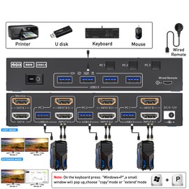 HDMI KVM Switch 2 Monitors 3 PC, 4K@60Hz Dual Monitor KVM Switches with EDID Simulator, USB 3.0 Port,Wired Remote,Power Adapter and 3 USB3.0 Cables Included