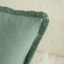 Mandioo Set of 2 Neutral Cotton Fringe Cushion Covers 40x40 cm 16x16 inch Decorative Boho Farmhouse Throw Pillowcase Cozy Tassels for Couch Sofa Bedroom Living Room Home Decor Sage Green