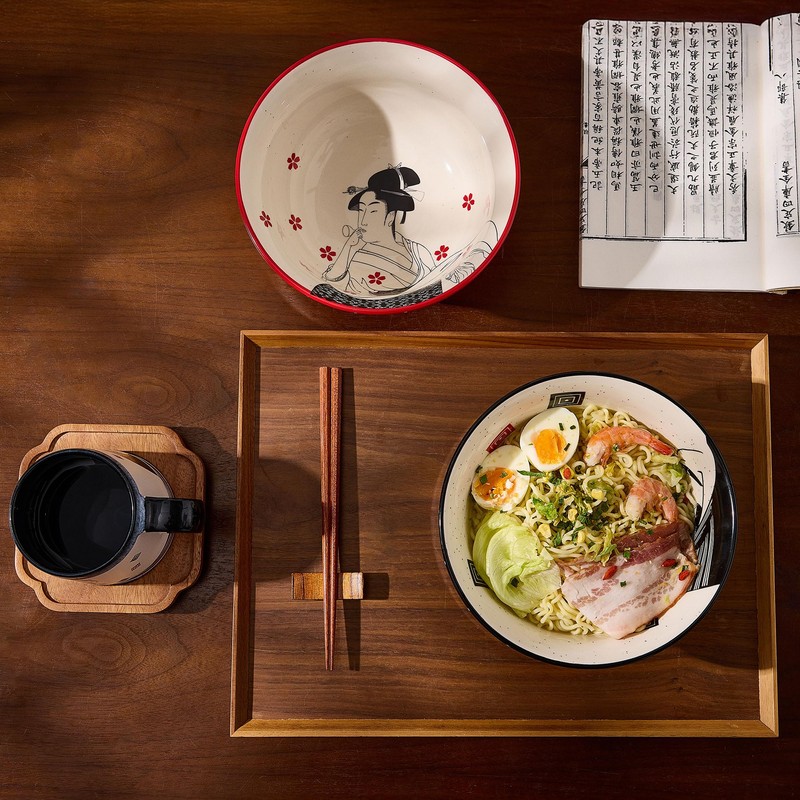 BICETTO Ramen Bowl Set 45oz, 8inch, Japanese Ukiyo-e Design -