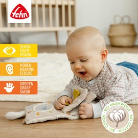 Fehn Sheep Nature Fabric Book – Picture Book with Organic Cotton from Controlled Cultivation (kbA) – Promotes Senses & Motor Skills – The Ideal Companion for Home & Travel – for Babies from Birth