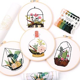 REEWISLY 4 pcs Embroidery Starter kit with Patterns and Instructions, DIY Adult Beginner Cross Stitch Kits, Including 2 Plastic Embroidery Rings, 1 Pair of Scissors, Colored Threads and Needles