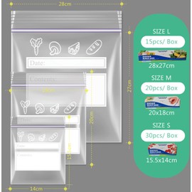 RINGSUN Zip Lock Bags, 65-Pack 3-Size Reusable Food Storage Ziplock Bags, Leak Proof Safe Fridge Organiser Freezer Bags for Kitchen Sandwich Lunch Bags