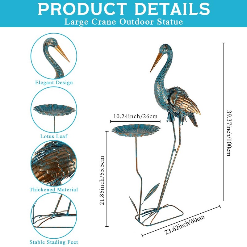 giole Metal Crane Garden Statue for Outside with Leaf Tray