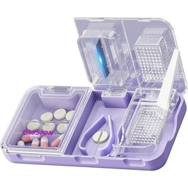 CFMOUR 3-in-1 Pill Cutter Splitter for Tiny or Small Large Pills, Pill Crusher Grinder with Powder Brush Grind Tablets, Pill Carrier for Storage Pills, Mills for Elderly, Kids&amp;Pets, Purple - Color: White