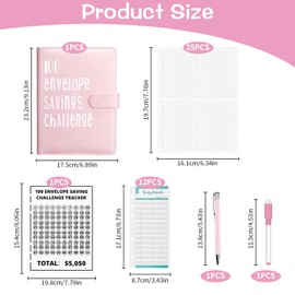 100 Envelope Challenge Binder, Money Saving Wallet Budget Binder with Budget Sheets & Pen, A5 Envelope Challenge Pink Binder Book, PU Leather Cash Envelope Binder for School Home Office