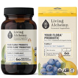 Living Alchemy Gut Health Supplement - Your Flora Probiotic Family with Fermented Soybean, Banana, Blueberry, Prebiotics, Digestive Enzyme, Probiotics for Men, Women, & Kids - Vegan, Non-GMO - Living Alchemy, 60 Pcs