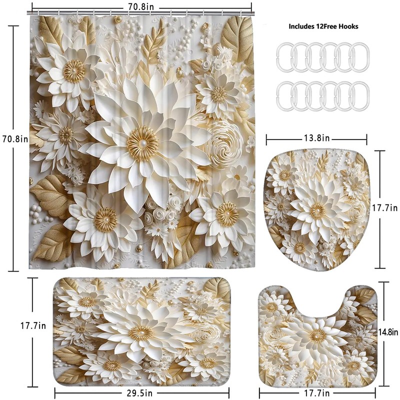 Chrainy 4pcs White Flowers Shower Cutain Bathroom Decor Sets with