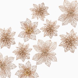 Naler 24-Piece Christmas Flowers Glitter Flowers Christmas Decoration Christmas Tree Decoration Poinsettia for Christmas Tree Advent Wreath, Champagne