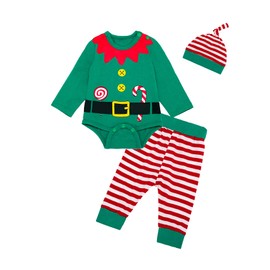 bakjuno Newborn Baby Boys Girls Christmas Clothes Elf Cosplay Striped Pants Set (E-Green, 0-3 Months)