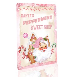 Santa's Peppermint Sweet Shop Metal Tin Sign Vintage Retro Candy Cane Lane Metal Plaque Sign Decorations Christmas Gift for Cafe Bar Home Shop Farmhouse Decor Poster 8x12 inch