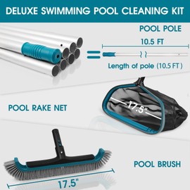 POOLWHALE Swimming Pool Cleaning Kit - Aluminum Frame Skimmer Net with 10Ft Adjustable Pole & 17.5” Pool Brush Head, Pools Maintenance Kits for Inground & Above Ground Swimming Pools, Removes Debris