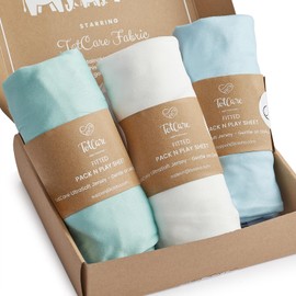 TotCare Pack and Play Sheets for Baby Bjorn, Guava Lotus Travel Crib and 24 x 42 Inch Travel Light Playard Mattress – Buttery Soft Jersey Cotton Pack n Play Sheets Fitted, Blue + Sage + Cloud, 3 Pack