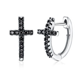 DAYBYDAY Sterling Silver Cross Earrings Small Huggie Earrings for Women Black CZ Cross Hoop Earrings