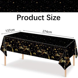 Happy New Year Table Cloth, New Years Eve Decorations Table Cloth, New Years Eve Table Decorations Disposable Plastic Table Covers Black Gold Tablecloth 2025 New Year's Eve Party Supplies (274*137cm)