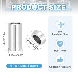 PATIKIL 6 Pcs Stainless Steel Spacers, 7mm ID x 10mm OD x 20mm Height 304 Stainless Steel Bushing Screw Standoff Unthreaded Round Spacer for 1/4" M7 Screws Bolts Nuts