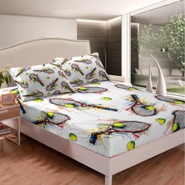 jejeloiu Graffiti Tennis Bed Sheets Set Queen Size Tennis Rackets and Balls Sheet Set for Kids Boys Girls Sports Game Themed Sheets with Deep Pocket Fitted Sheet Colorful Bedding Set Bedroom Bed Set