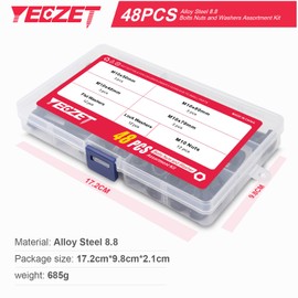 YEEZET Screws M10 48 Pieces Hex Screws Washers Spring Washers and Nuts Assortment Kit (8.8 Carbon Steel)