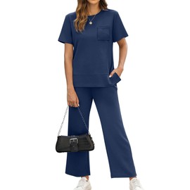 OFEEFAN Two Piece Outfits for Women Casual Summer Travel Lounge Sets Spring Tracksuit Airport Loungewear Vacation Clothes Wide Leg Crop Pants Matching Clothing Set Women's Sweat Track Suit Navy S